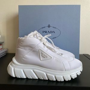 NIB Prada Re-Nylon Logo Plaque All White Mid-Top Sneakers size 39.5